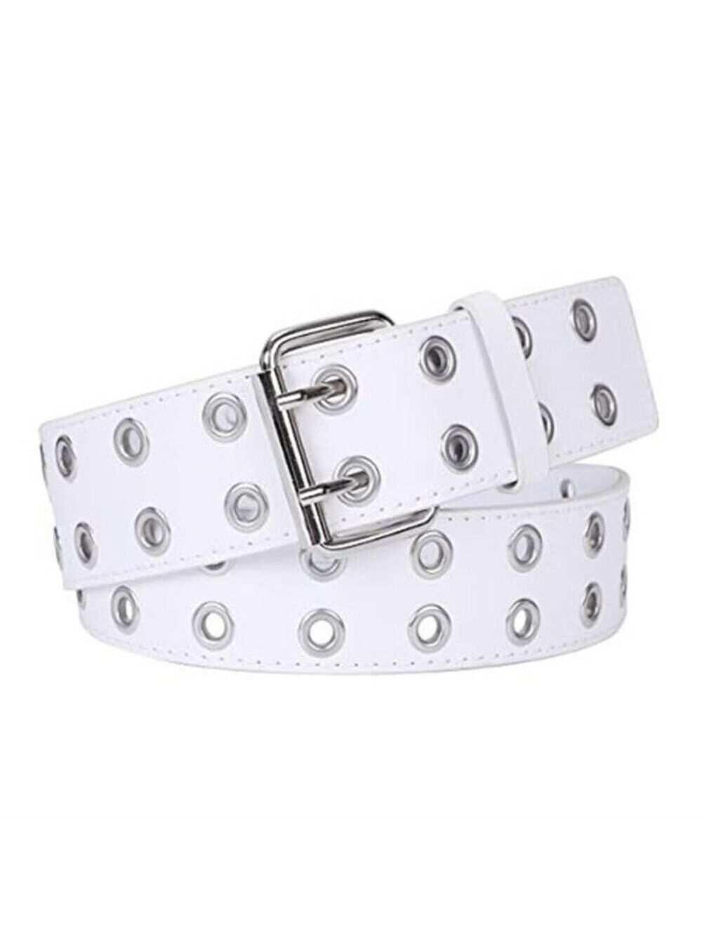 White Vegan Leather Double Grommet Studded Belt